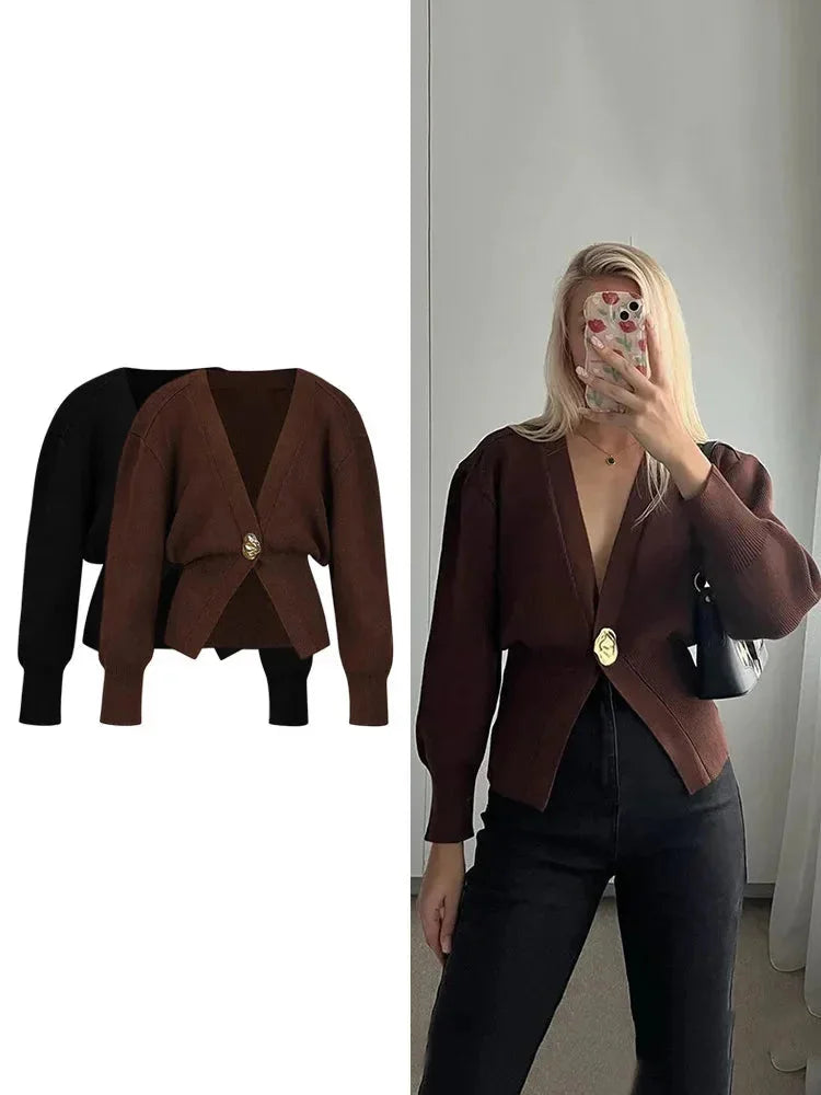 Cardigan da donna in maglia con scollo a V e bottoni decorativi per l’estate