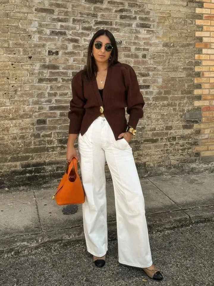 Cardigan da donna in maglia con scollo a V e bottoni decorativi per l’estate
