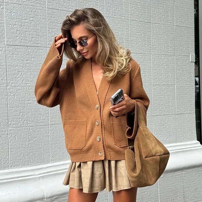 Cardigan pour femme en maille automnale, style casual, avec décolleté en V et boutons élégants
