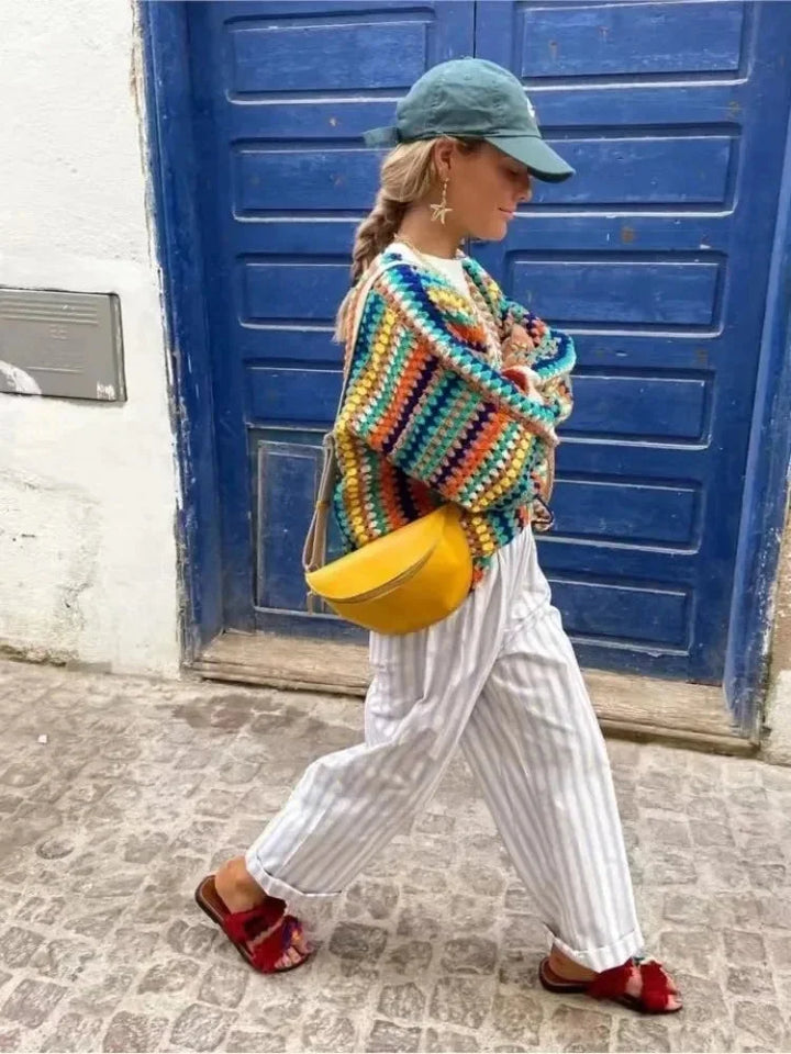 Cardigan femme en maille pour l'été, oversize à rayures, pour des tenues du quotidien