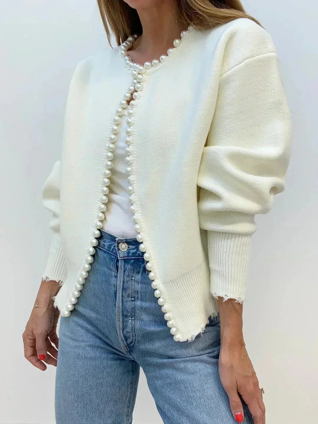 Cardigan de damă tricotat, cu detalii cu mărgele, pulover elegant și rafinat pentru toamnă
