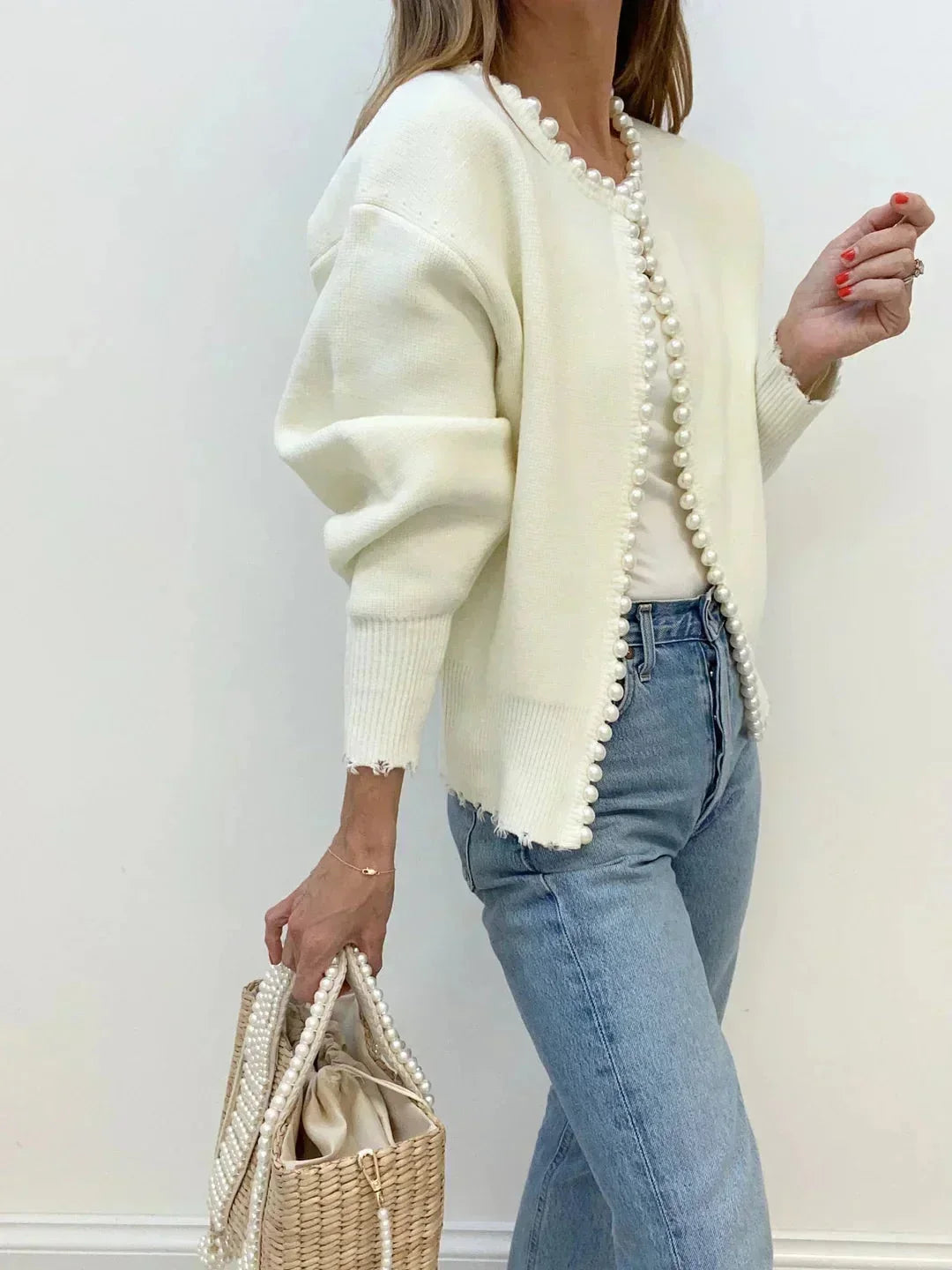 Cardigan de damă tricotat, cu detalii cu mărgele, pulover elegant și rafinat pentru toamnă