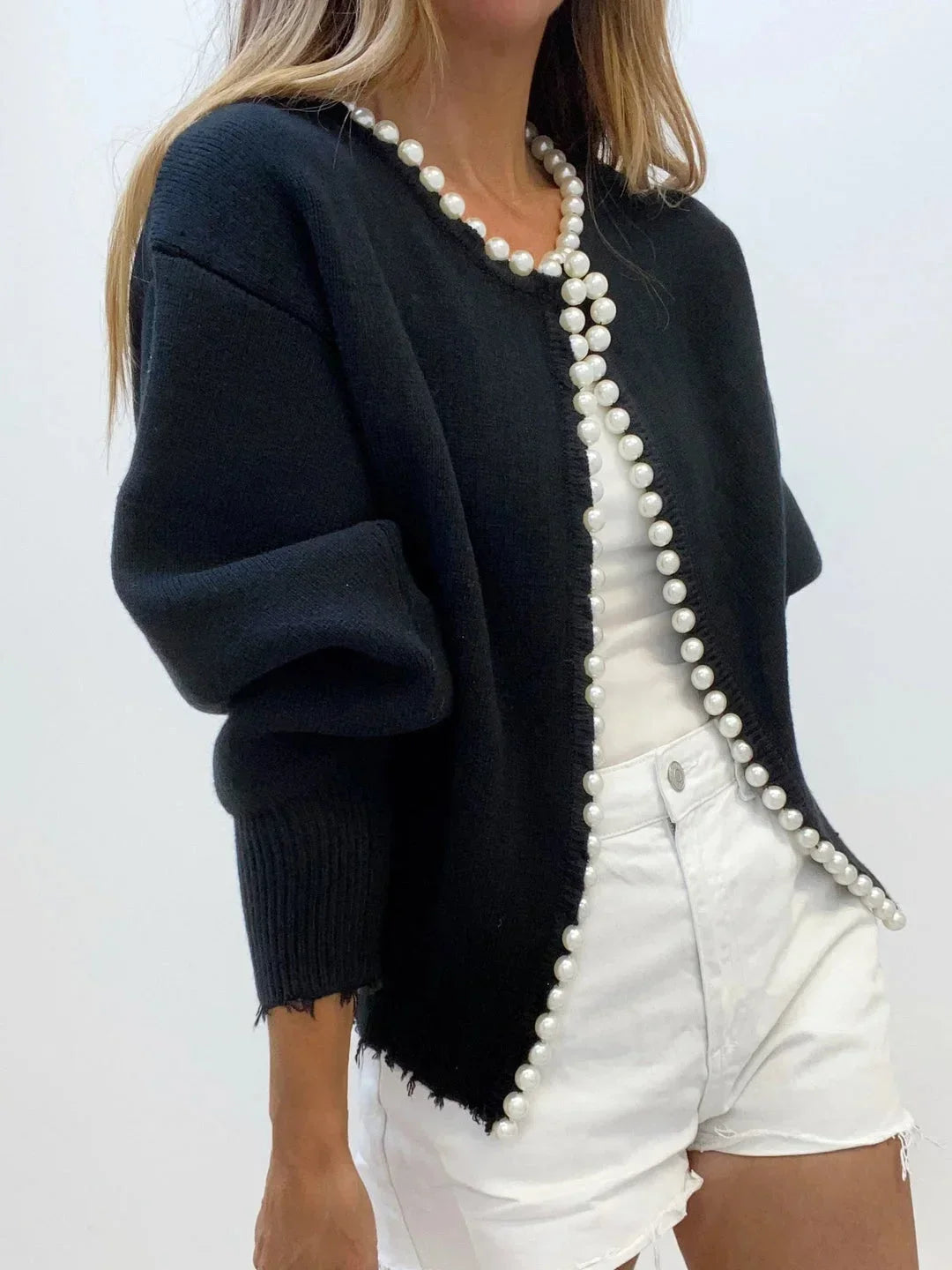 Cardigan de damă tricotat, cu detalii cu mărgele, pulover elegant și rafinat pentru toamnă