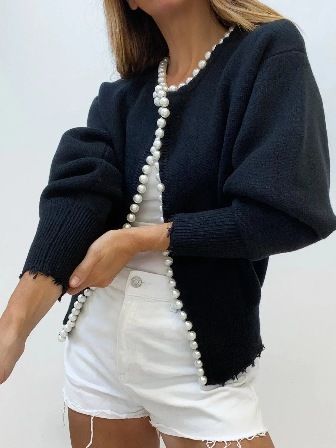 Cardigan de damă tricotat, cu detalii cu mărgele, pulover elegant și rafinat pentru toamnă