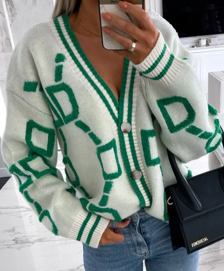 Cárdigan femenino de punto con estampado geométrico y botones para la temporada otoñal