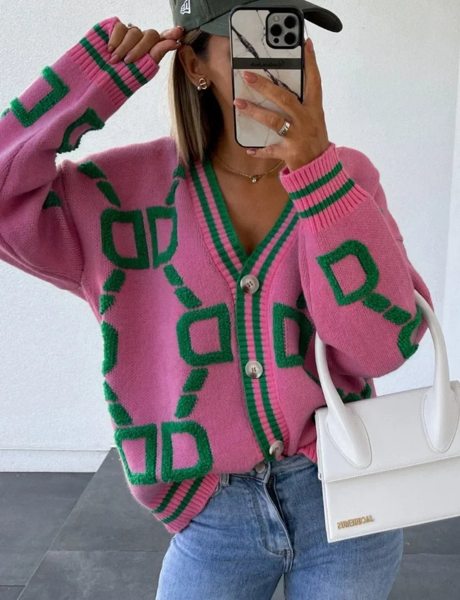 Cárdigan femenino de punto con estampado geométrico y botones para la temporada otoñal