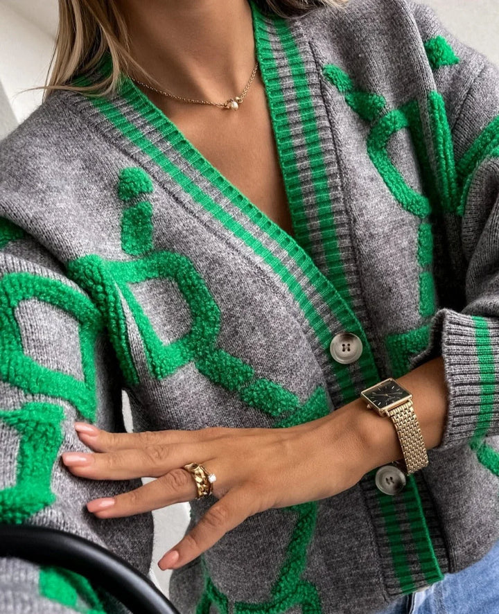 Cárdigan femenino de punto con estampado geométrico y botones para la temporada otoñal