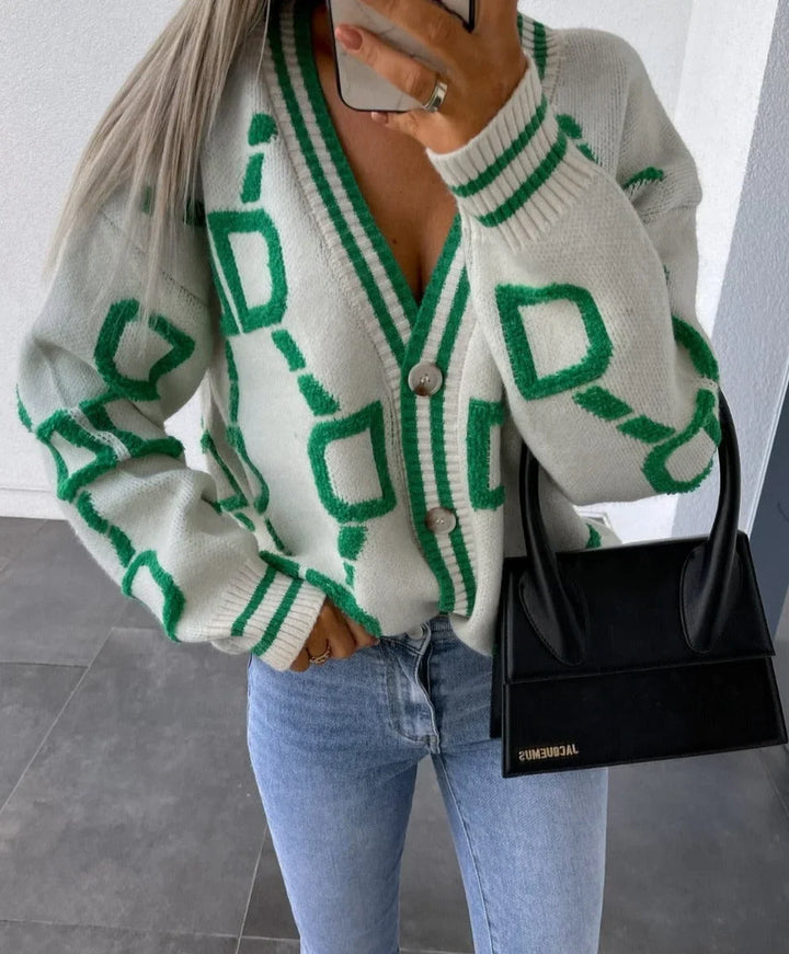 Cárdigan femenino de punto con estampado geométrico y botones para la temporada otoñal