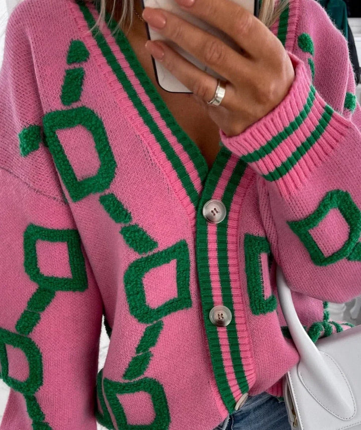 Cárdigan femenino de punto con estampado geométrico y botones para la temporada otoñal
