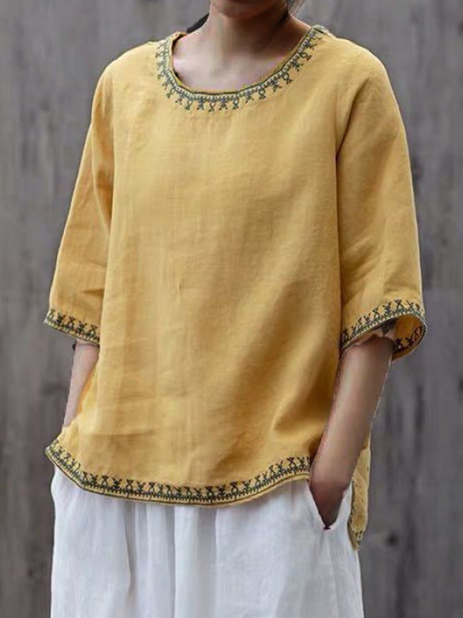 Elizabeth - Feminine Linen Top in a Trendy Ethnic Style
