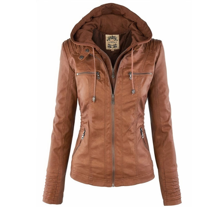 Veste femme style perfecto à capuche en similicuir pour l’automne