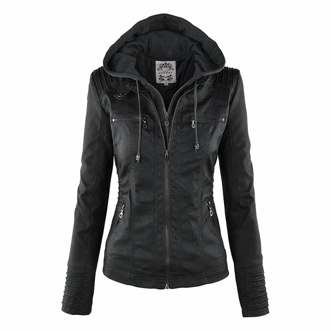 Veste femme style perfecto à capuche en similicuir pour l’automne