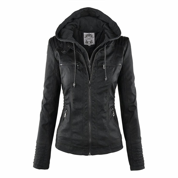 Veste femme style perfecto à capuche en similicuir pour l’automne