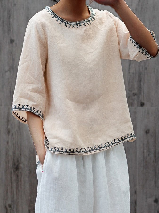 Elizabeth - Feminine Linen Top in a Trendy Ethnic Style