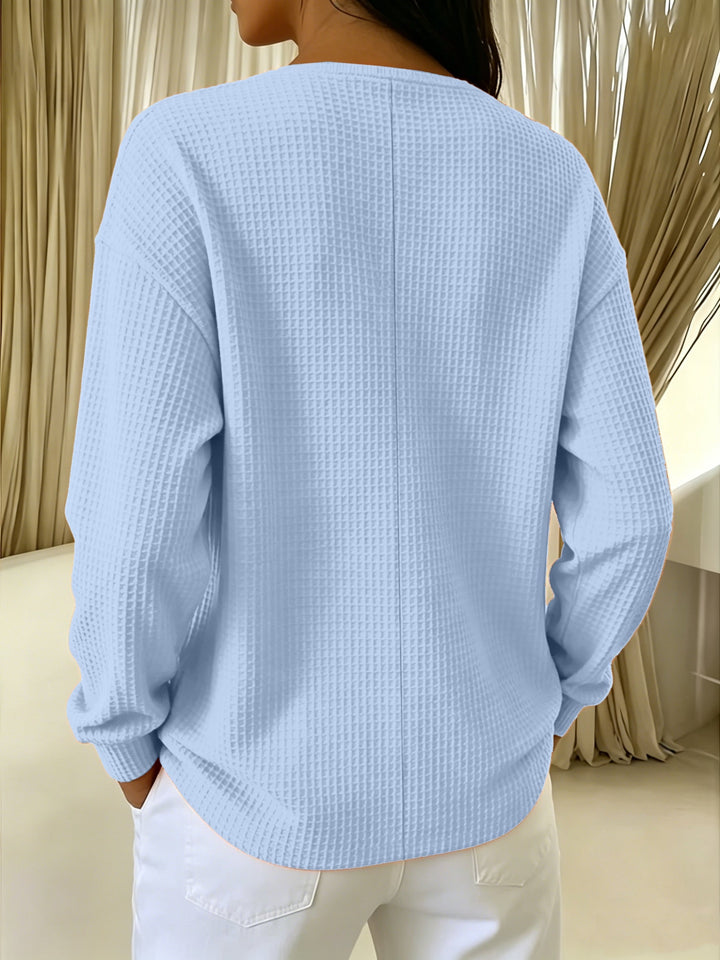Blouse femme à manches longues en maille gaufrée, col V en dentelle et boutons pour l’automne
