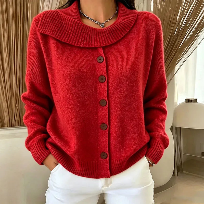 Cardigan femme en maille à grand col, gilet boutonné élégant et confortable pour l’automne