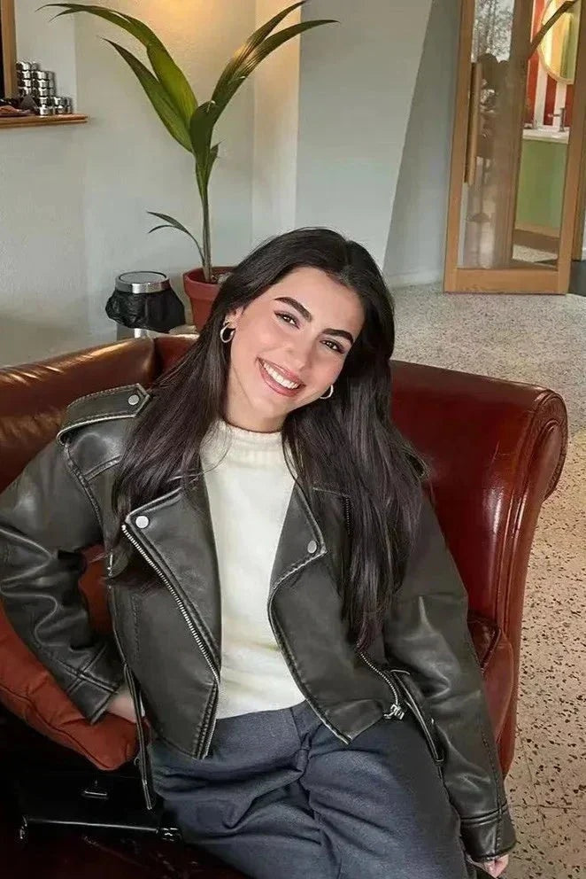 Veste biker femme en cuir, courte, avec ceinture en simili cuir, pour l’automne