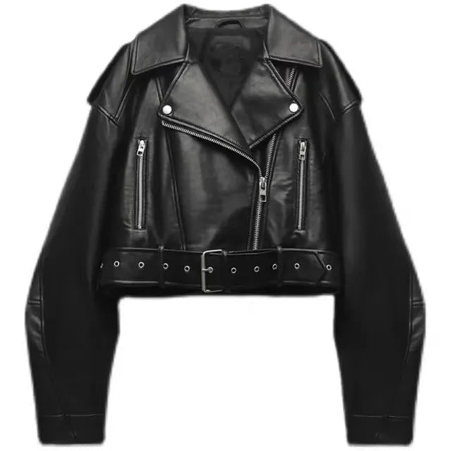 Veste biker femme en cuir, courte, avec ceinture en simili cuir, pour l’automne
