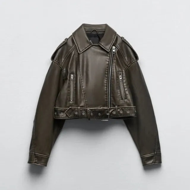 Veste biker femme en cuir, courte, avec ceinture en simili cuir, pour l’automne