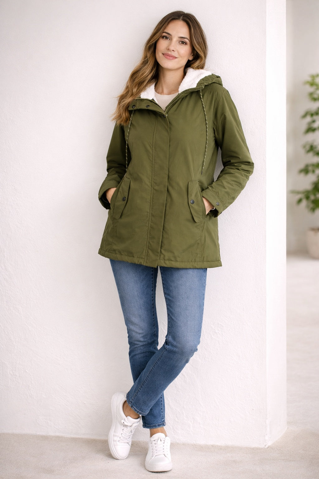 Parka impermeable para mujer con capucha, forrada de polar, otoño-invierno