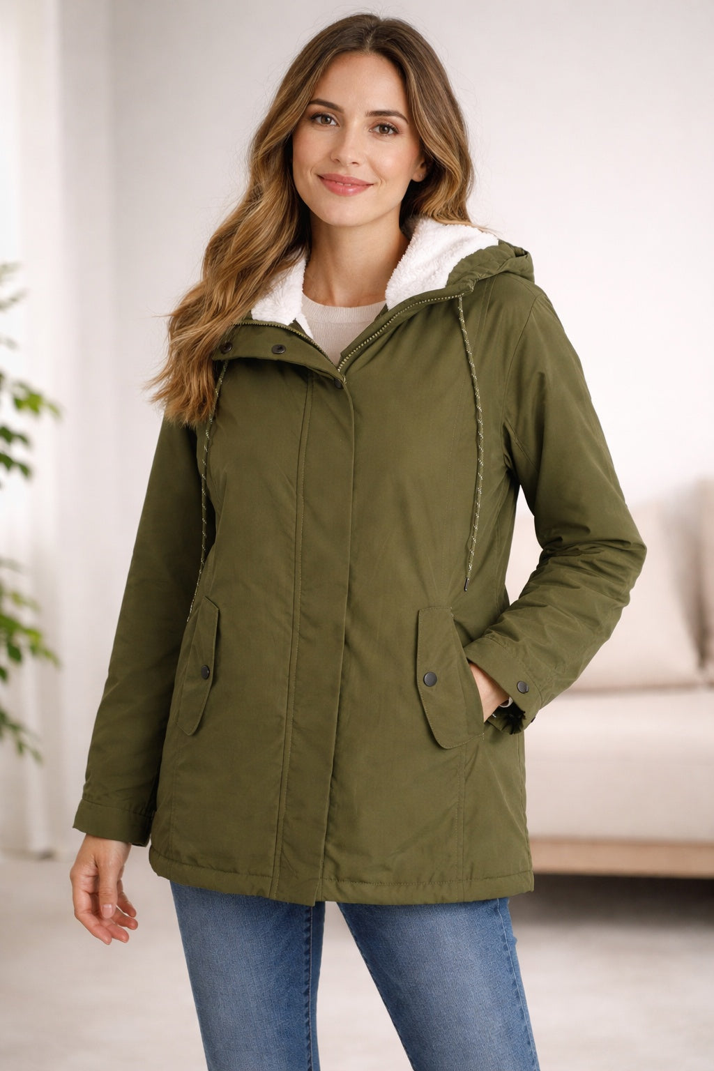 Parka impermeable para mujer con capucha, forrada de polar, otoño-invierno