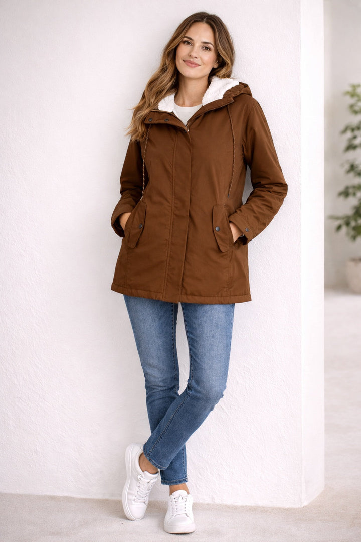 Parka impermeable para mujer con capucha, forrada de polar, otoño-invierno