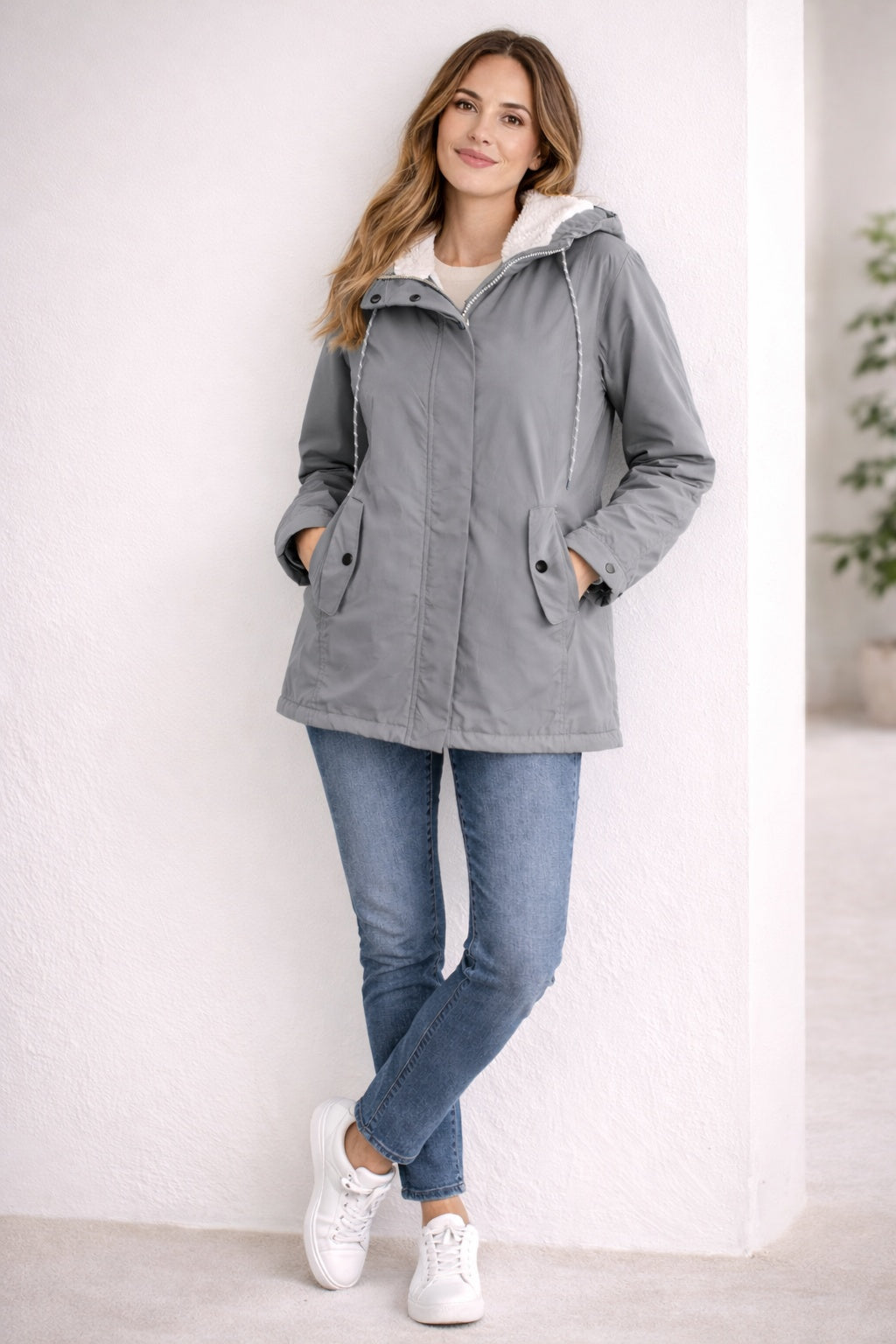 Parka impermeable para mujer con capucha, forrada de polar, otoño-invierno