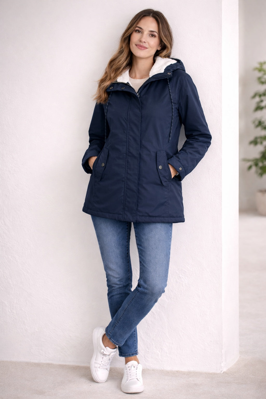 Parka impermeable para mujer con capucha, forrada de polar, otoño-invierno