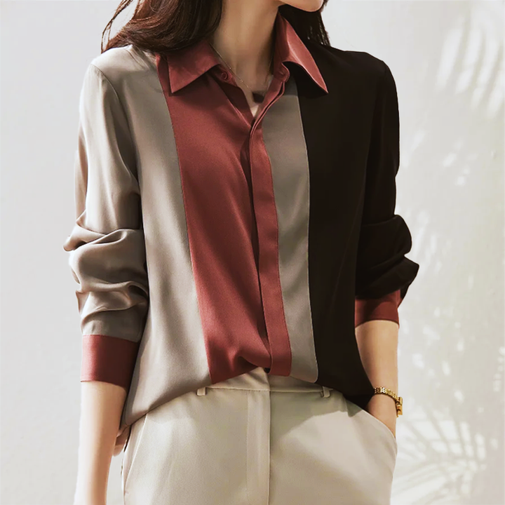 Cora - Blusa de otoño de satén a rayas y patchwork para mujer