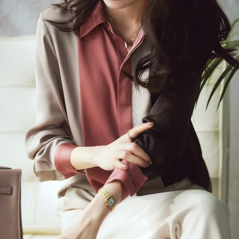 Cora - Blusa de otoño de satén a rayas y patchwork para mujer