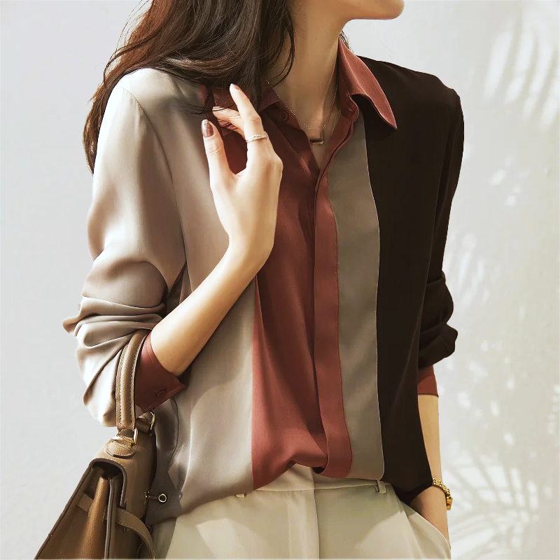 Cora - Blusa de otoño de satén a rayas y patchwork para mujer