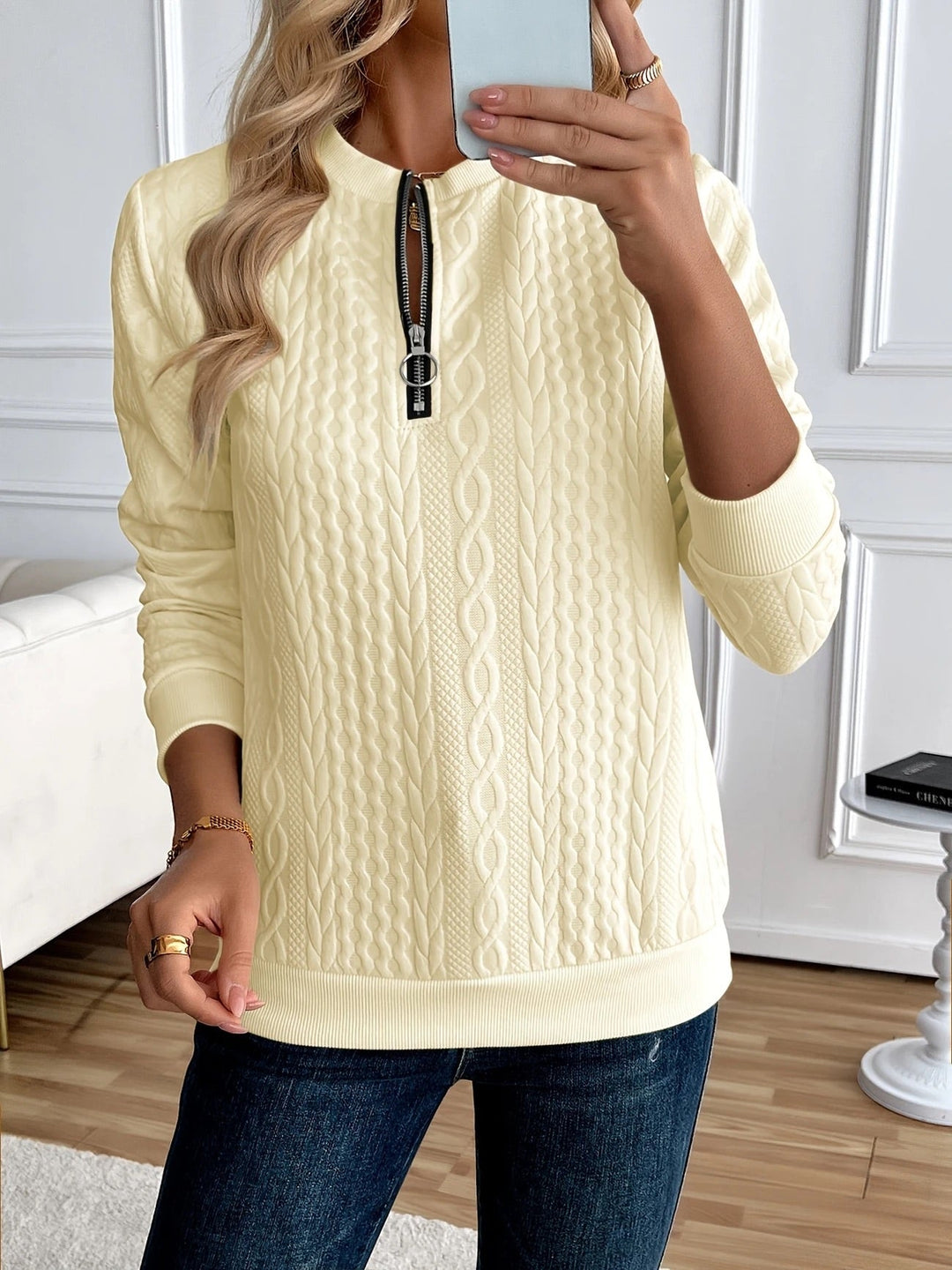 Sweat-shirt zippé pour femme, texturé, pour l’automne et les tenues de tous les jours
