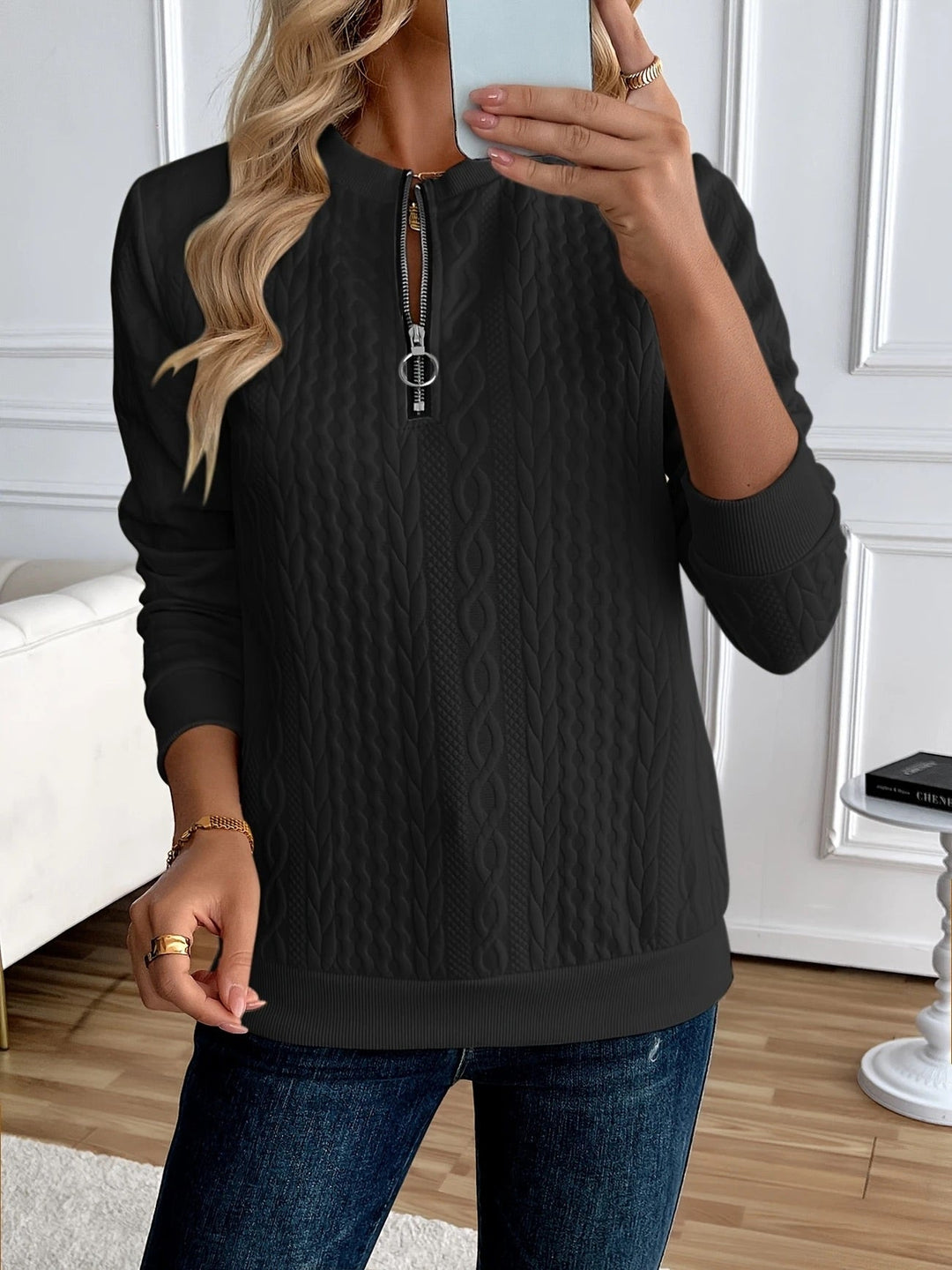Sweat-shirt zippé pour femme, texturé, pour l’automne et les tenues de tous les jours