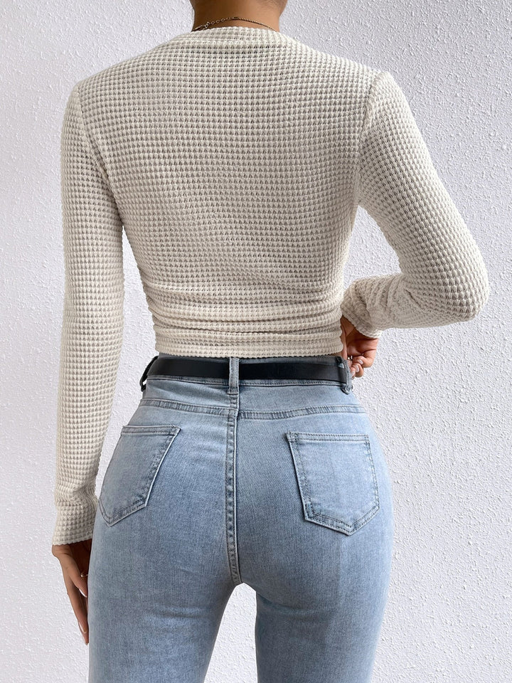 Monica elegante - Camicia casual a maniche lunghe e scollo rotondo per l'autunno per donne