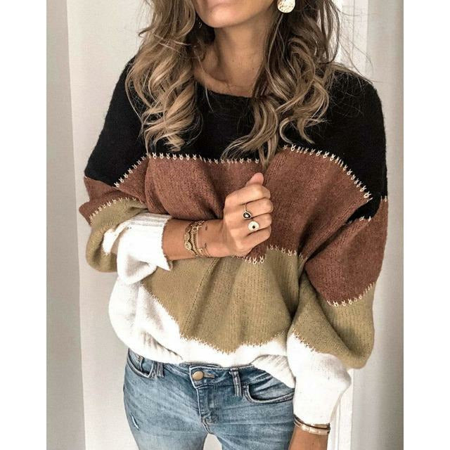 Pull femme patchwork à rayures en maille de laine pour l’automne