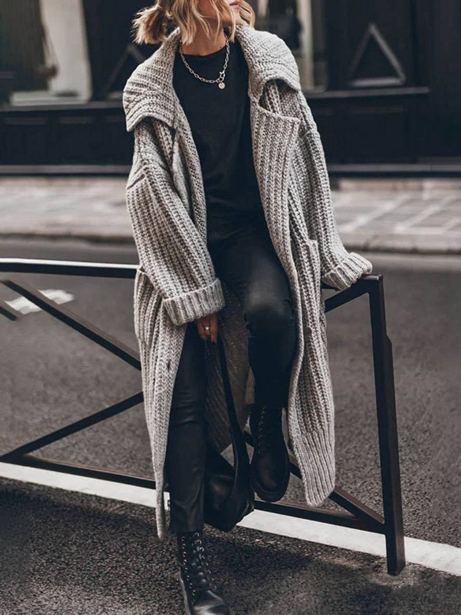 Cardigan femme long en laine oversize, ouvert, pour l’automne