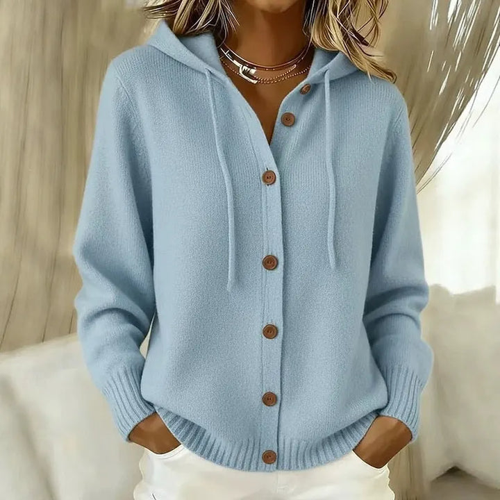 Cardigan femme à capuche en maille douce, gilet boutonné décontracté et chaud pour l’automne