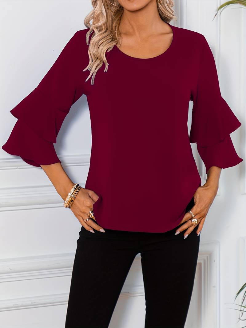 Emily - Chic Shirt with Round Neck and Elegant Wide Flared Sleeves