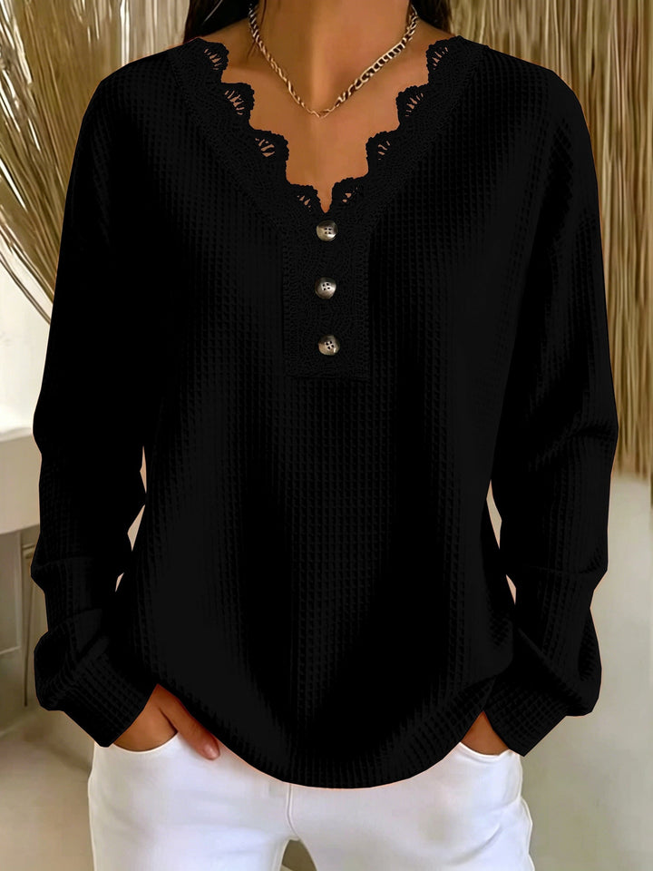 Blouse femme à manches longues en maille gaufrée, col V en dentelle et boutons pour l’automne