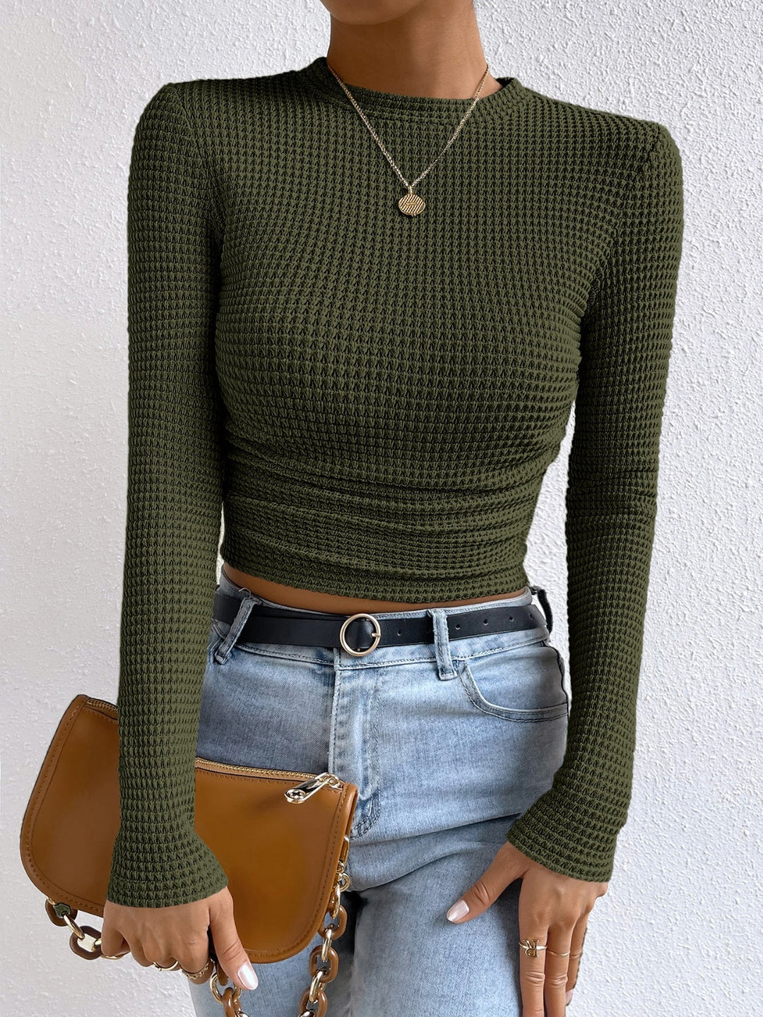 Monica elegante - Camicia casual a maniche lunghe e scollo rotondo per l'autunno per donne