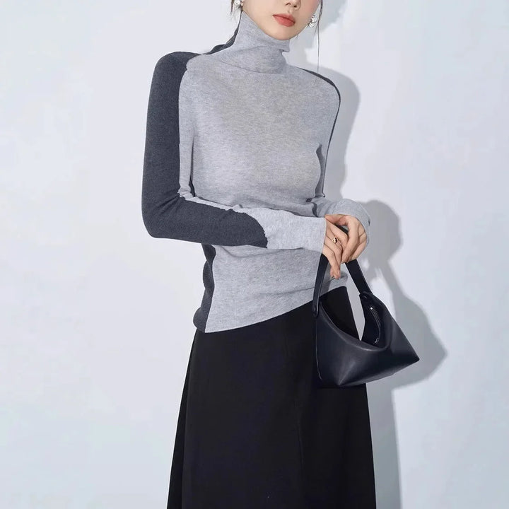 Blouse pour femme en coton avec col montant et manches contrastantes pour l'automne
