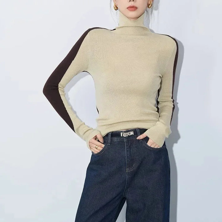 Blouse pour femme en coton avec col montant et manches contrastantes pour l'automne