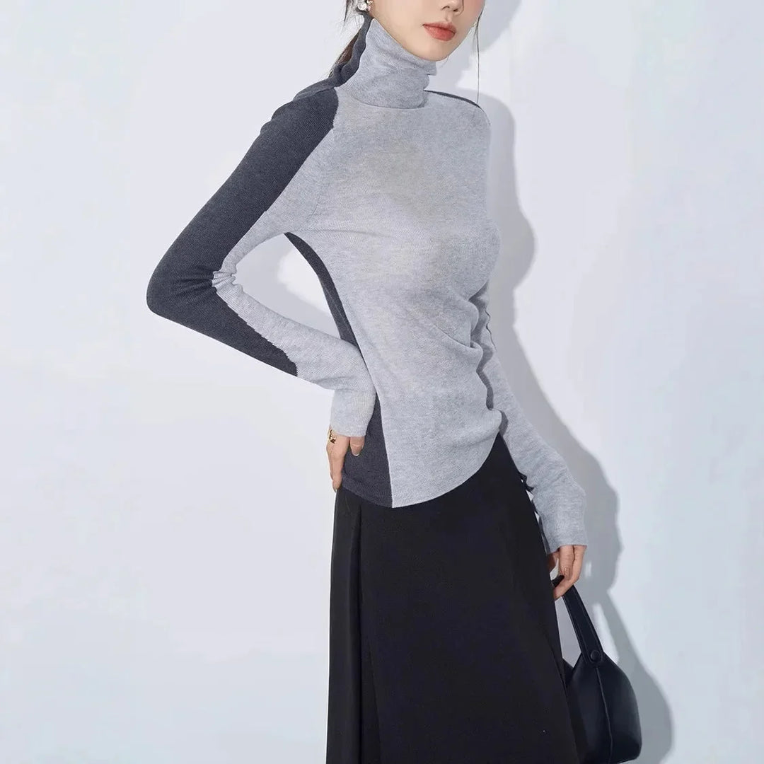 Blouse pour femme en coton avec col montant et manches contrastantes pour l'automne