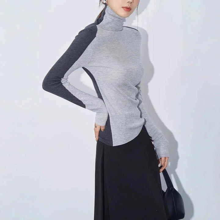 Blouse pour femme en coton avec col montant et manches contrastantes pour l'automne
