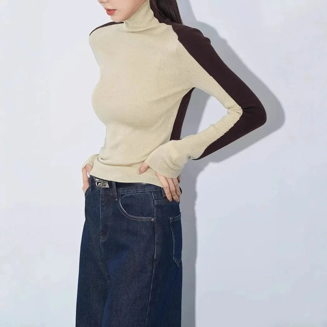 Blouse pour femme en coton avec col montant et manches contrastantes pour l'automne
