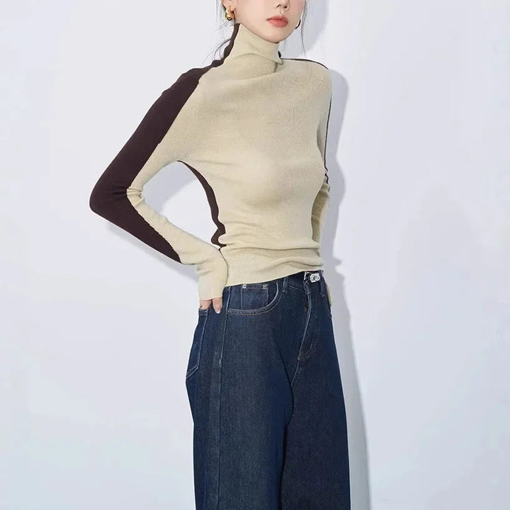 Blouse pour femme en coton avec col montant et manches contrastantes pour l'automne