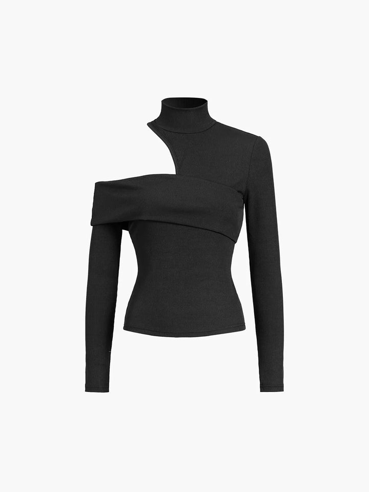 Blusa asimétrica de algodón para mujer, con cuello alto y abertura, para otoño