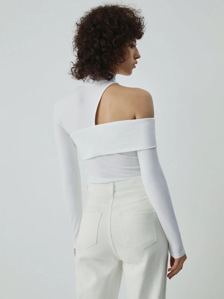 Blusa asimétrica de algodón para mujer, con cuello alto y abertura, para otoño