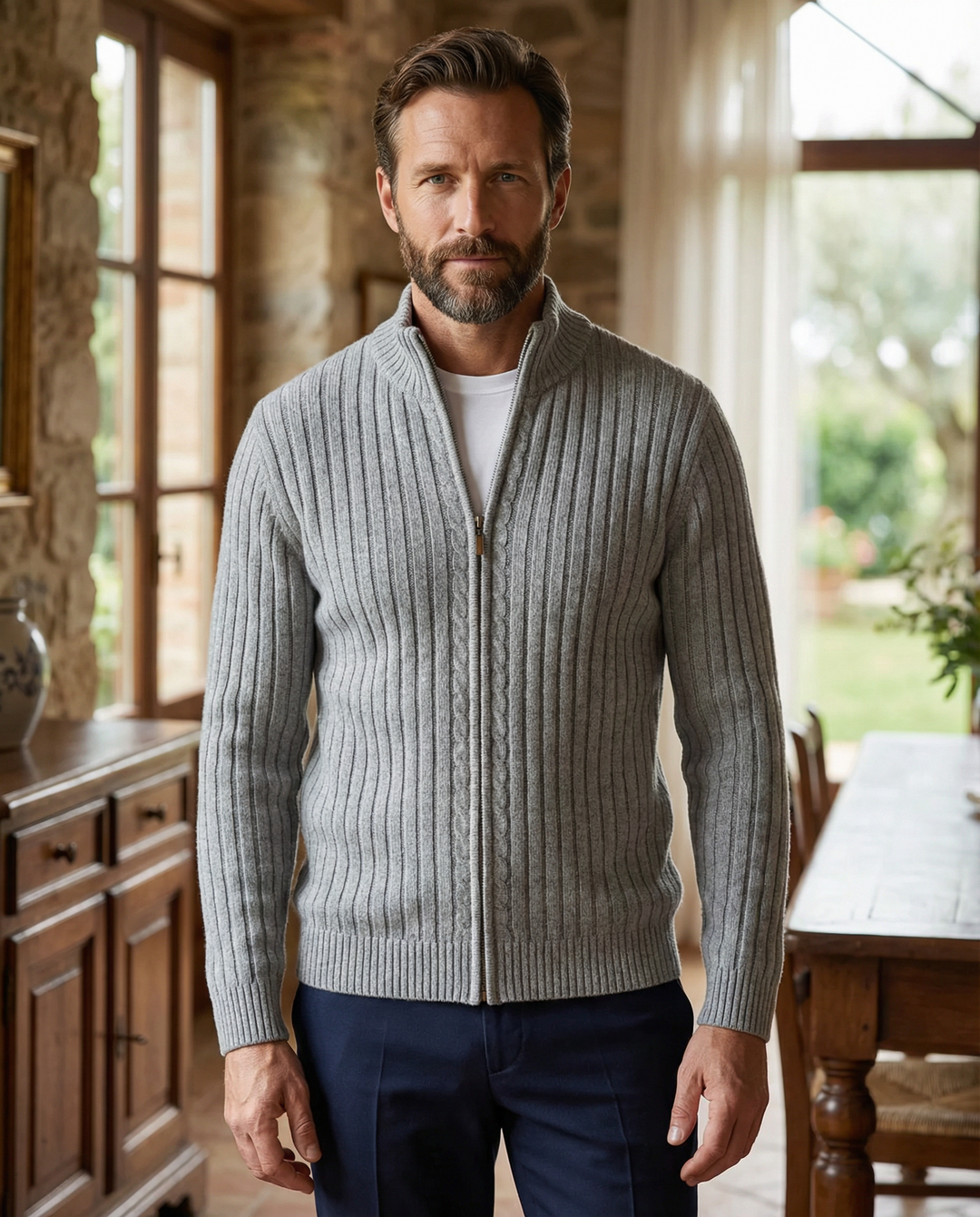 Men's wool zip-up cardigan with a stand collar for autumn