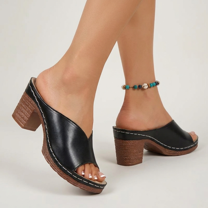 Mules à talon femme en cuir à talon bloc bout ouvert pour l'été à enfiler